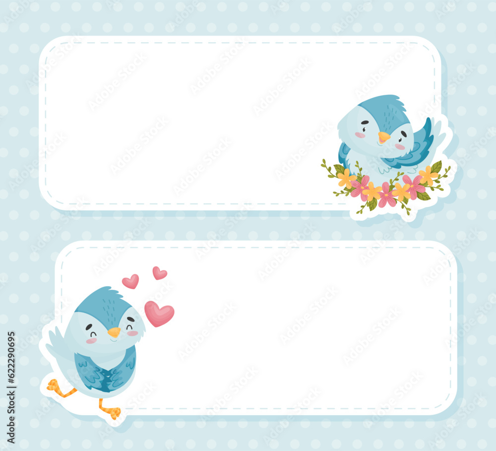 Poster empty card with cute blue bird with wings and beak vector template