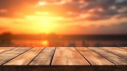 Fotobehang Empty wooden table top with blur background of sunset © Ai Expert
