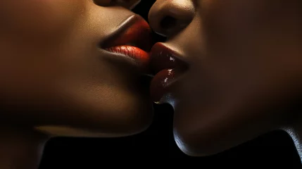 sexy beautiful African lesbian couple lips close-up kissing seductive woman. glamour, sensual, lgbt © VetalStock
