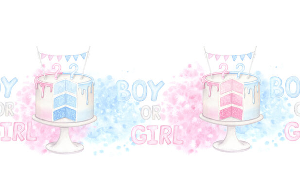 Seamless border pattern boy or girl. Cake with blue pink filling. Hand drawn watercolor illustration isolated on white background. For gender reveal party, baby shower, children's holiday