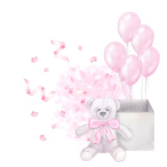 Postcard pink girl's birthday. Balloons box, teddy bear, confetti. Hand drawn watercolor illustration isolated on white background. For gender reveal party, baby shower, children's holiday.