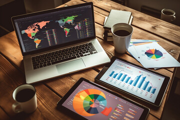 Financial Insights: Table with Laptops and Mobile Devices Displaying Colorful Line Graphs, Bar Charts, and Stock Market Data