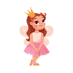 Cute Girl with Crown in Bright Halloween Princess Costume Celebrate Holiday Vector Illustration