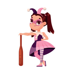 Cute Girl with Bat in Bright Halloween Costume Celebrate Holiday Vector Illustration
