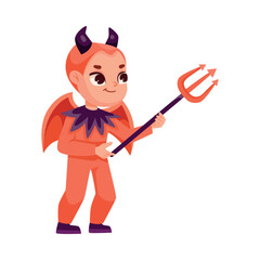 Cute Boy with Trident in Bright Halloween Devil Costume Celebrate Holiday Vector Illustration