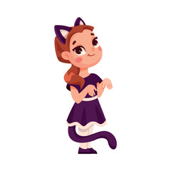 Cute Girl in Bright Halloween Cat Costume Celebrate Holiday Vector Illustration