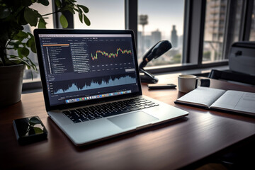 Financial Technology: Close-up of Modern and clean Desktop Screen with Stock Market Charts, Cryptocurrency Prices, and Financial News Headlines - obrazy, fototapety, plakaty