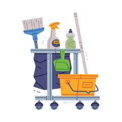 Cleaning Service Trolley or Cart with Detergents, Broom, Bucket and Mop Vector Illustration