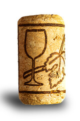 Single wine cork with wine glass and grape leaf illustration.