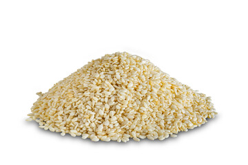 Side view pile of white sesame isolated on white background.