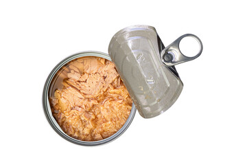 Top view of open tin can of preserved tuna fish in vegetable oil.
