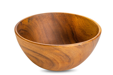 Closeup view of deep empty wooden bowl isolated on white baclground with clipping path.