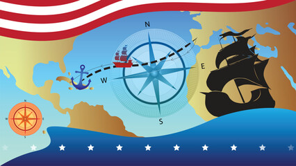 Columbus day world map, blue waves and USA flag color combination, compass in the background, celebrate Christopher Columbus discover the America, old marine navy ship and strips background