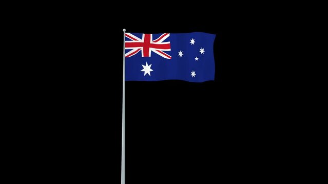 Animation of Australia waving flag on flag pole with alpha channel transparent background