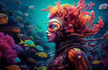 Fototapeta na wymiar a woman diver in the water among a fishes , wearing corals on the head