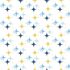 Blue and yellow stars on a white background. Seamless pattern. Background for paper, cover, fabric, interior decor.