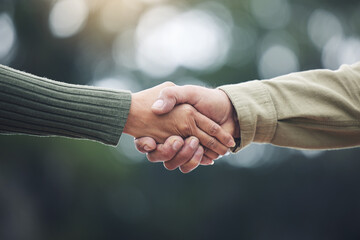 Shaking hands, senior man and people together in partnership, greeting or welcome with trust,...