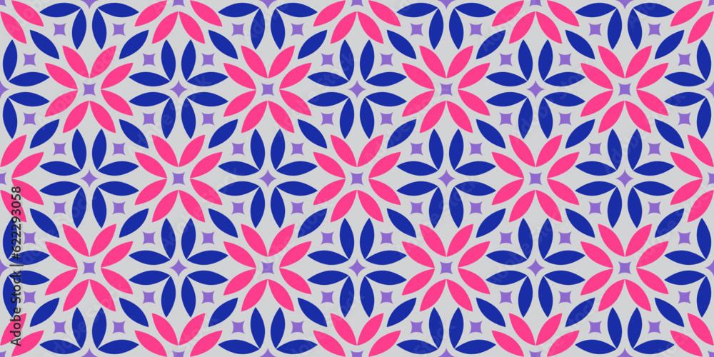 Poster Abstract geometric seamless pattern, vector elegant color rhythmic repeating texture with floral and star burst ornament