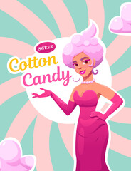 Cotton Candy Label in Cartoon Style for Your Packaging Design. Female Cartoon Character. Candy Girl Vector Illustration.