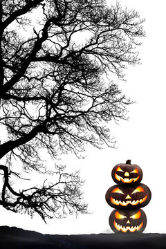 A group of three halloween pumpkins, lanterns, with the silhouette of a tree celebrating halloween in autumn against a transparent background.