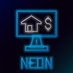 Glowing neon line Online real estate house in browser icon isolated on black background. Home loan concept, rent, buy, buying a property. Colorful outline concept. Vector