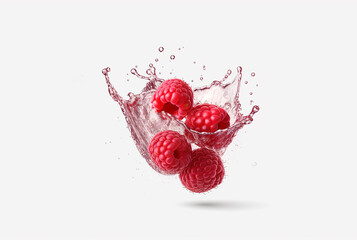 Raspberries with water splash or explosion flying in the air on a white background