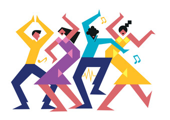  Two dancing couples, wild crazy dance party,cartoon. Abstract stylized Illustration of disco dancers. Isolated on white background. Vector available.

