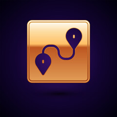 Gold Route location icon isolated on black background. Map pointer sign. Concept of path or road. GPS navigator. Vector