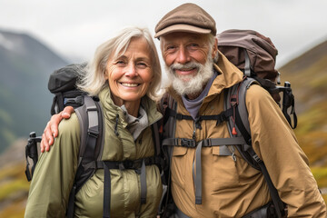 Fototapeta premium Active retired couple hiking outdoors in mountains in fall