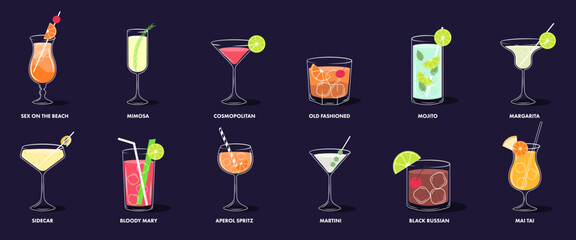 Set of summer drinks, cocktails with ice cubes and fruit. Isolated on dark background.Beach or pool party, restaurant and bar elements. Bar menu design or advertising.Vector illustration