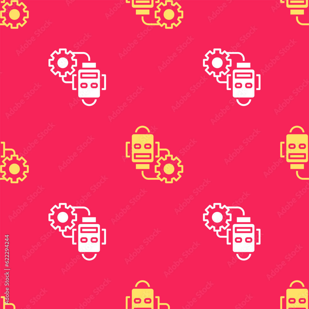 Poster yellow robot setting icon isolated seamless pattern on red background. artificial intelligence, mach