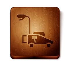 Brown Lawn mower icon isolated on white background. Lawn mower cutting grass. Wooden square button. Vector