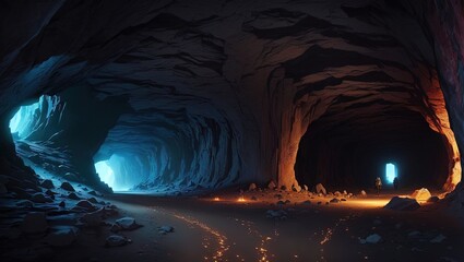 Interior of a cave with light in the end.