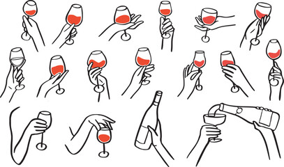 Collection of different hands gestures hold wineglass or drink. Hand drawn style. Hand for logo in restaurant or bar. Vector illustration
