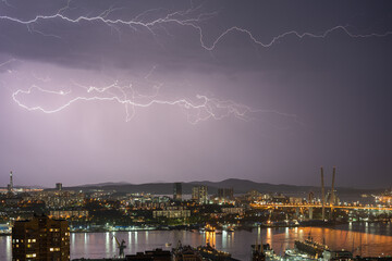 Thunderstorm with lightning over over cityscape.