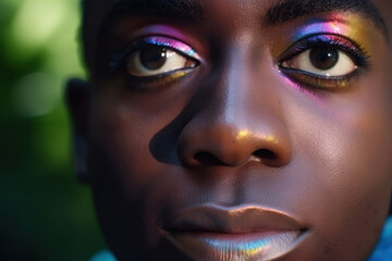 African man with shadows and glitter. Black LGBTQI man outdoors, closeup