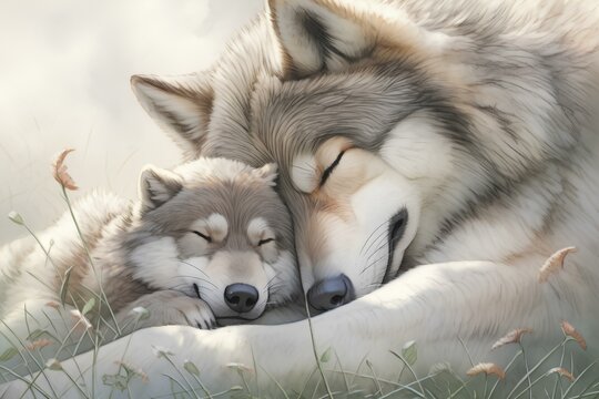 A mother wolf and a baby wolf sleeping on the grass, Stunning delicate and beautiful watercolored pencil animal art. generative AI 