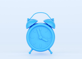 Clock 3d render icon - simple alarm timer concept, blue retro style alarmclock and morning awakening illustration