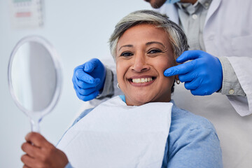 Happy senior woman, teeth and dentist for dental care, appointment or checkup at clinic. Portrait...