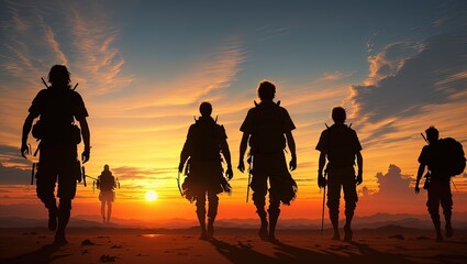 Fototapeta na wymiar silhouettes of people at sunset, sci-fi desert adventure