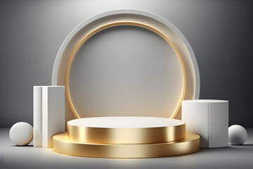 Product Stage Display Scene Luxury Gold And White Color, 3D Podium Background With Minimal Geometric Platform Base