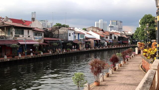 MELAKA, MALAYSIA - MAY 2, 2023: Historic portuguese city melaka malacca malaysia river and promenade view