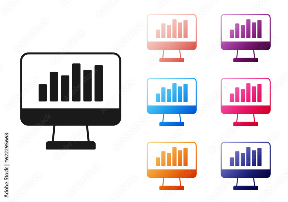 Aufkleber black computer monitor with graph chart icon isolated on white background. report text file icon. ac