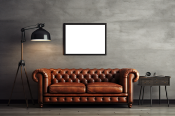 Interior living room wall mockup with leather sofa and transparent frame on wall. Generative AI 2