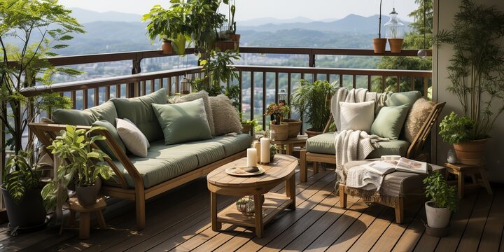 AI Generated. AI Generative. Cozy family home hotel apartment terrace balcony with sit chairs wooden table and many plants. Vacation relax vibe. Graphic Art