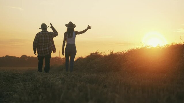 Back View Of Two Farmers: Man And Woman Walking Along Plowed Field On Red Sunset. Friends Relax In Evening Walk On Outdoor Nature. People Talking And Gesture. Rural Scene. Agronomy And Agricultural.