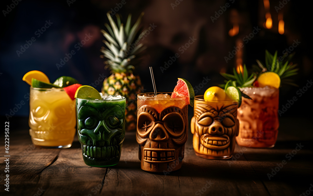 Wall mural Tiki cocktails with dark bar table background