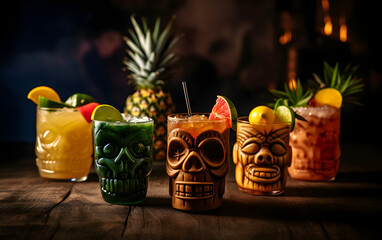 Tiki cocktails with dark bar table background