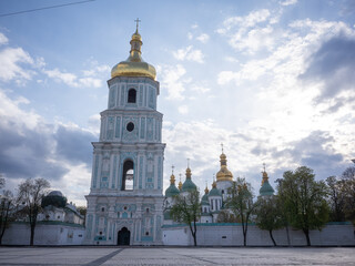 Fototapeta na wymiar exterior of tower of saint sophia cathedral in the evening