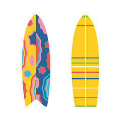 Surfboards. Beach set for summer trips. Vacation accessories for sea vacations.